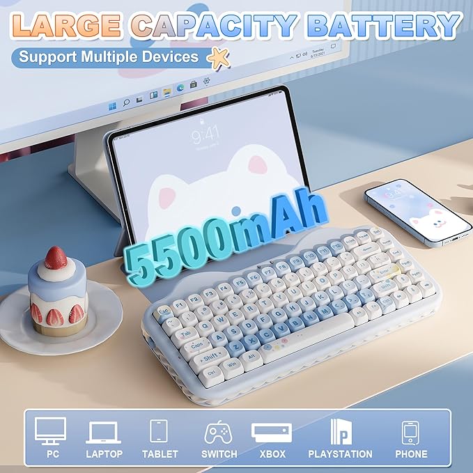 YUNZII C75 Wireless Mechanical Keyboard75% Layout Hot-Swappable NKROBT5.0/2.4G/USB-C ModeDye-Sub PBT MOA KeycapsRGB Gasket MountCute Cake Design for Mac/Win/Gaming (Blue Candy Switch)