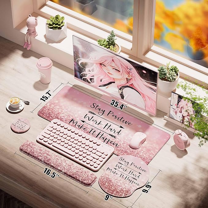 Desk Mat Set + Keyboard and Mouse Pad with Wrist Rest Support4-in-1 Large Mousepad Computer Mats for Desktop Home &amp Office-Glitter Pink