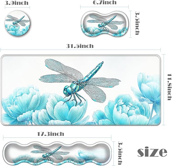 Ergonomic Keyboard Wrist Rest &amp Mouse Pad Wrist Rest SetXL Gaming Desk Mat 31.5x 11.8Non-Slip BaseMemory FoamEasy Typing Pain Relief for Office &amp HomeDragonfly Blooming Flower