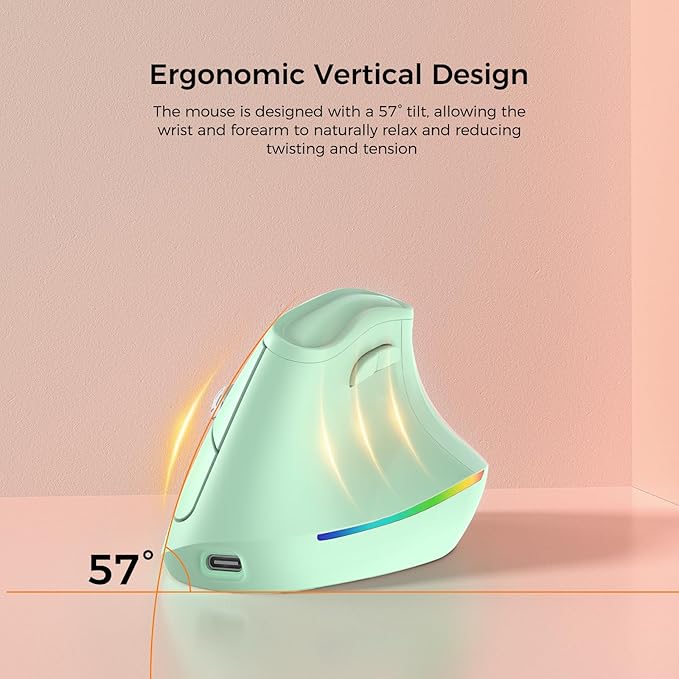 KYSONA 57° Wireless Ergonomic Mouse Vertical Mouse Carpal Tunnel Mouse RGB Light Rechargeable Bluetooth &amp 2.4G 5-Level DPI Adjustment Quiet Click Ergo Mice Compatible with PC/Laptop/Mac Gr