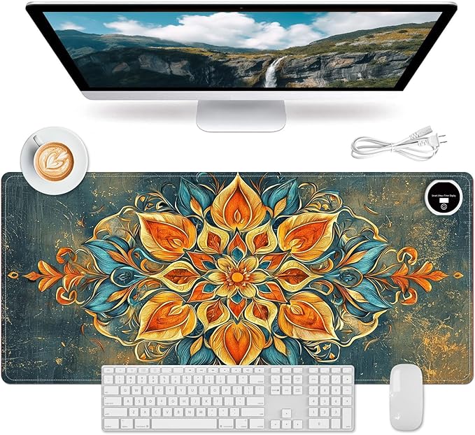 Heated Mouse Pad PU Leather Heated Desk Pad Fast Warm Desk mat with 3 Heating Levels 31.5 x 13 Mousepad for Home Office Gaming Mandala