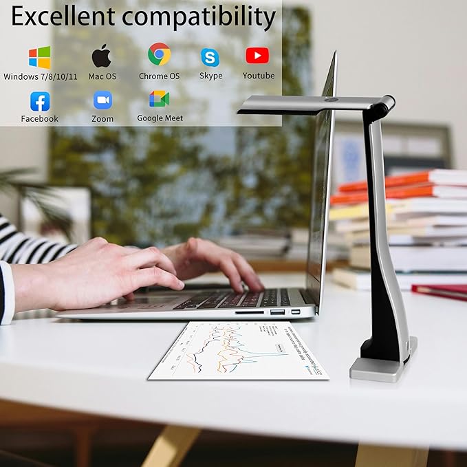 ScannerCam 22 Portable 8.0 MP USB Document Camera with Built-in Mic and LED Light for MAC PC Chromebook. Designed for Online Learning Web Meeting and Document Scanning