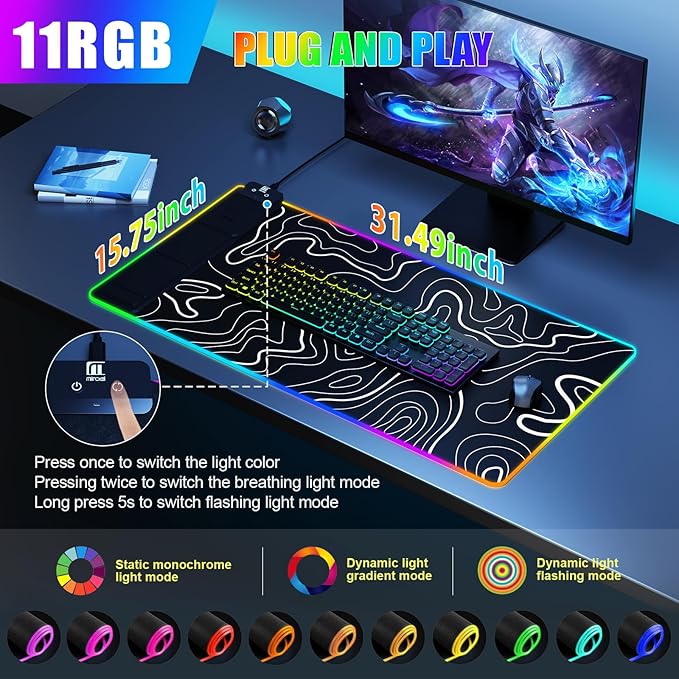 Mouse Pad with Foldable Phone Holder Wireless Charging Desk Mat RGB Gaming Mousepad Large Desk Pad with Non-Slip Base Waterproof Keyboard Pad Classic Black (XXL Stand Topographic)