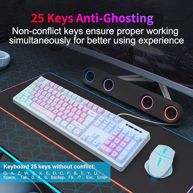 HUO JI Gaming Keyboard USB Wired with Rainbow LED Backlit Floating Keys Mechanical Feeling Spill Resistant Ergonomic for Xbox PS Series Desktop Computer PC Purple Blue