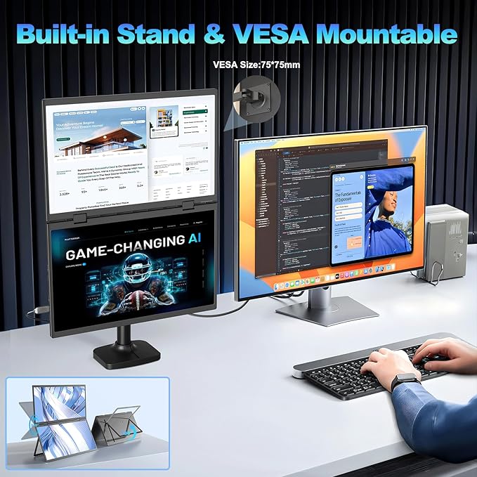 Dual Portable Monitor 15.6 1080P FHD IPS Folding Stacked Triple Laptop Screen Extender USB-C Plug &amp Play Travel Extended Computer Display for Laptop PC Windows Mac w/Stand &amp VESA Mountable