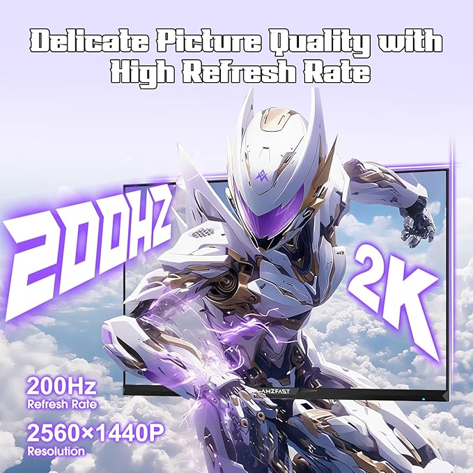 Amzfast 27 inch 1440P 200Hz/180Hz White Gaming Monitor 2K QHD (2560 ×1440)MPRT 1ms Fast IPS | HDR400 &amp TÜV Rheinland Eye Care &amp 12 Months Exchange (HDMI &amp DP Cable)