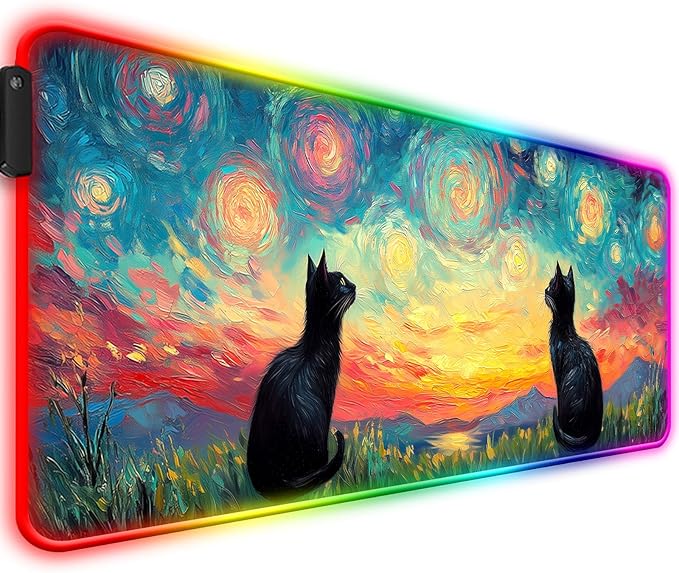 RGB Cute Black Cat Fantasy Starry Night Gaming Desk Mat Computer Keyboard Large Extended Long Animal LED Mouse Pad for Office and Home XL (W03)