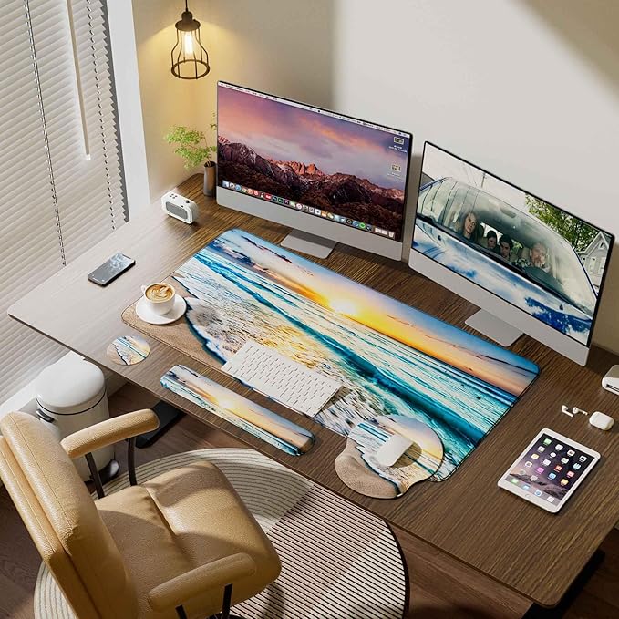 Desk Mat Set + Keyboard and Mouse Pad with Wrist Rest Support4-in-1 Large Mousepad Computer Mats for Desktop Home &amp Office-Blue Sunset Beach