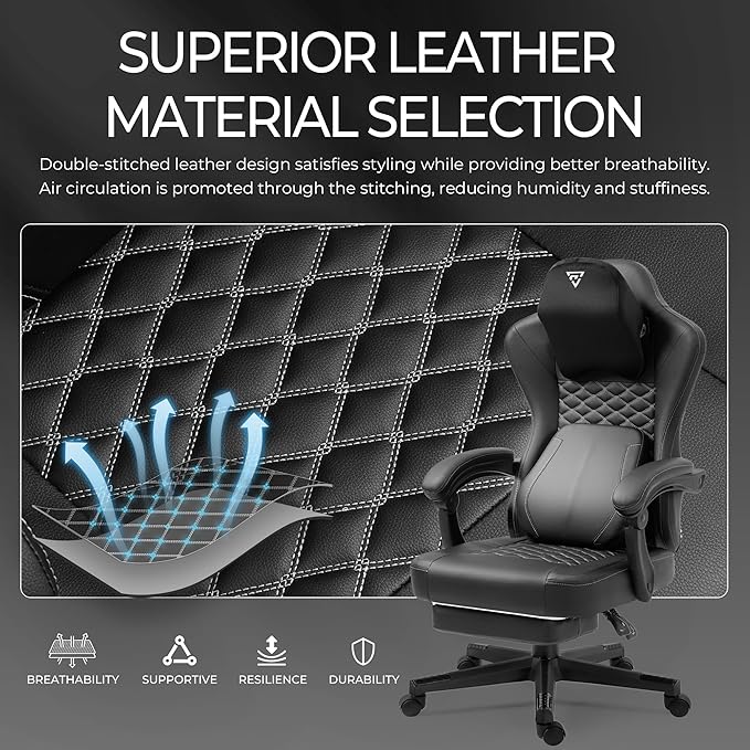 Gaming Chair with Footrest and Heating Massage Ergonomic Video Game Chair 360° Swivel Computer Office Chairs with Adjustable Height &amp Headrest &amp Lumbar Pillow 350 Lbs (Black)
