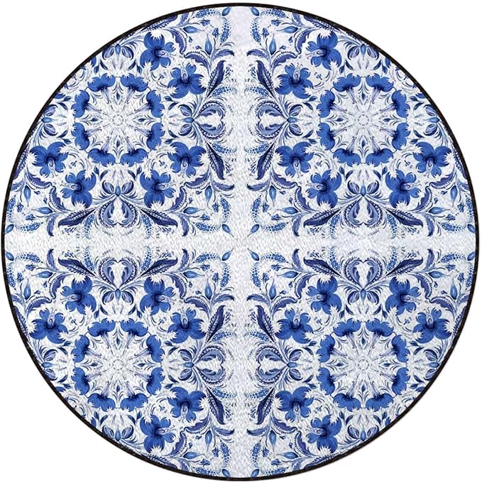 Blue Round Area Rug - Non-Slip Rugs Floor Mat Washable Soft Floor Carpet for Living Room Absorbent Round Yoga Mat Porcelain Style Traditional Pattern Colors Diameter 51 in