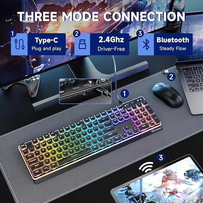 M104 Wireless Gaming Keyboard Wired/Bluetooth Mechanical Feel Light up Membrane Computer Keyboard with Numeric Keypad RGB Full Size Mental Panel 4000MAH Rechargeable Quiet for PC Gamer-Black