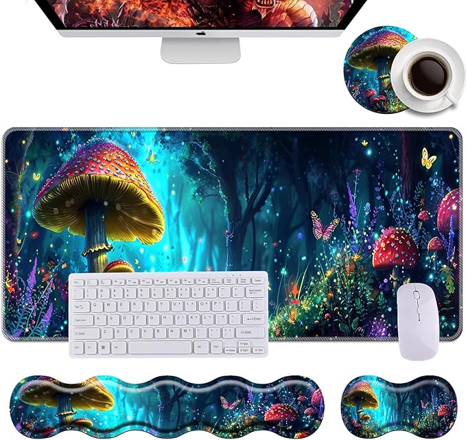 Keyboard Wrist Rest+Mouse Wrist Pad+Desk Pad SetMemory Foam Ergonomic Easy Typing Pain Relief for Computer Laptop Office Home - Mushrooms and Butterflies