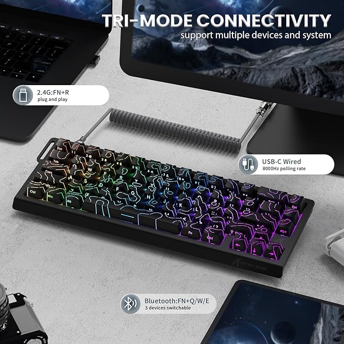 ATTACK SHARK X68PRO HE Rapid Trigger Wireless Keyboard 0.01mm RT Accuracy 8000Hz Wired Gaming Keyboard Adjustable Actuation Snap Tap RGB Backlit Magnetic Switch C01 Coiled Cable -Black