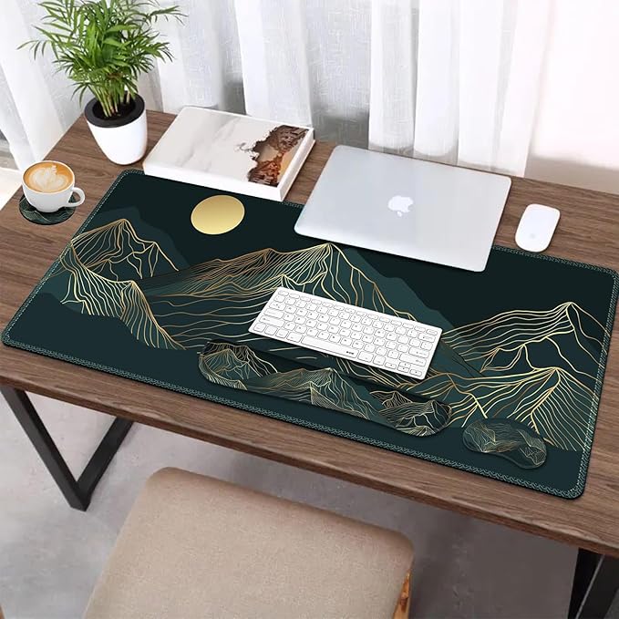 AIMSA Keyboard &amp Mouse Pad Set Extended Desk Mat + Ergonomic Mouse &amp Keyboard Wrist Rest Support 35x15.7in Abstract Gold Sun Mountain
