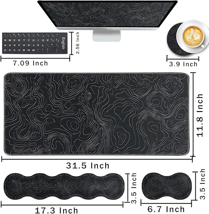 Keyboard Wrist Rest and Mouse Pad with Wrist Support Set Ergonomic CoasterMemory FoamEasy Typing Pain ReliefLarge XL Desk Mat 31.5x 11.8Topographic Contour