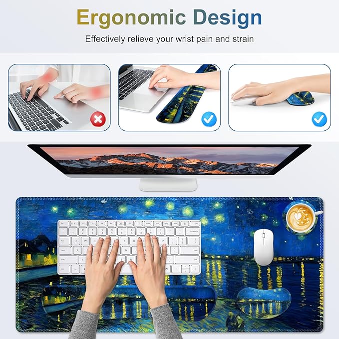 Large Gaming Mouse Pad Set 4 in 1 Ergonomics Keyboard Desk Mat Memory Foam Wrist Rest Computer Extended Game Mousepad Non-Slip Desk Matt Easy Typing Pain Relief I Starry Night Over The Rhone