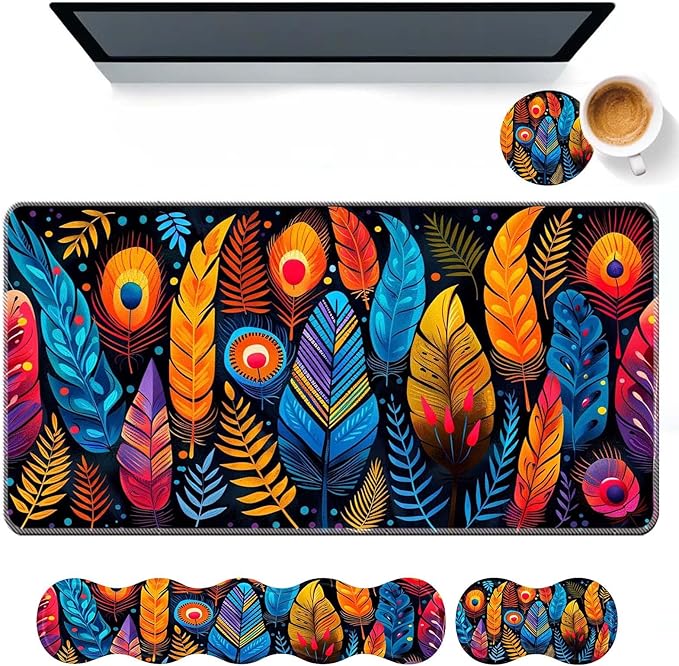 Keyboard Mouse Pad SetLarge Desk Pad+Keyboard Wrist Rest+Mouse Pad Wrist Support+CoasterEasy Typing Pain Relief Non-Slip Mousepad Wrist Support Mousepad Home OfficeColorful Bird Feathers