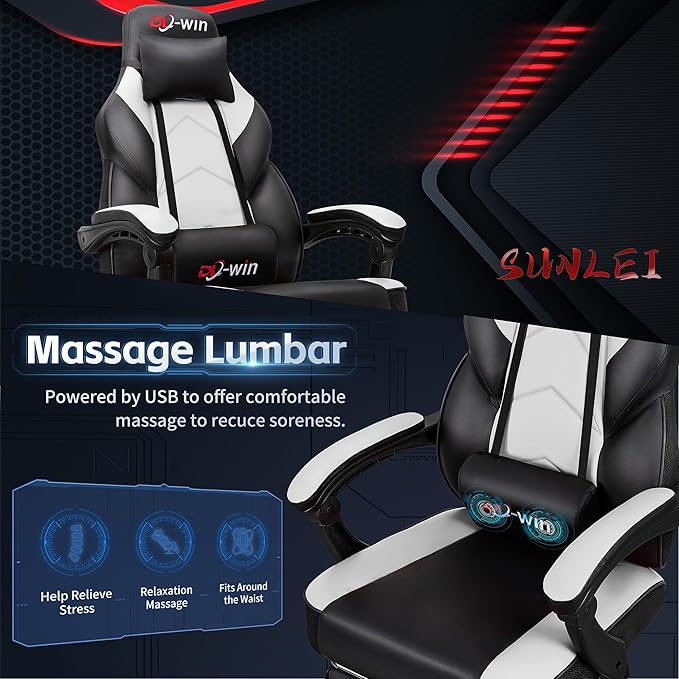 Video Gaming Chair for Adults Computer Chair with Footrest and Ergonomic High Back Big and Tall Gamer Chair with Massage Lumbar Support 360° Swivel Height Adjustable Computer Chair White