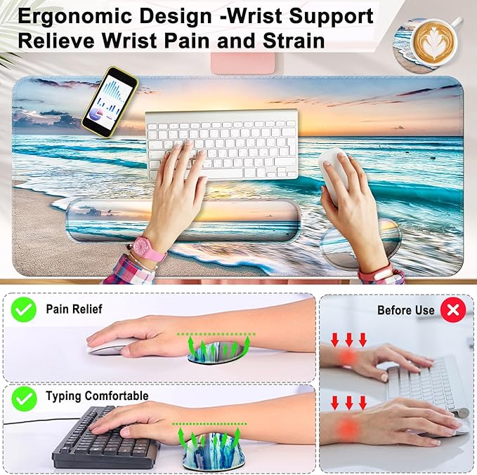 Keyboard Wrist Rest + Mouse Pad with Wrist Support + Desk Mat + Coaster 4 in 1 Set XXL Large Gaming Mousepad Cute Ergonomic Mouse Pads for Desk Computer Laptop Office Decor-Beach
