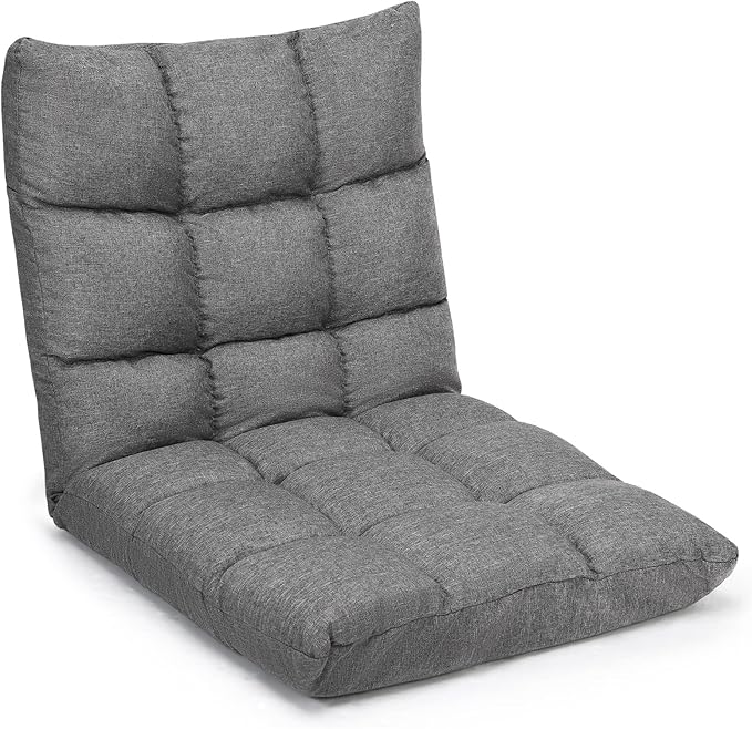 Giantex Adjustable Floor Gaming Sofa Chair 14-Position Cushioned Folding Lazy Recliner High Resilience Sponge Breathable Cotton &amp Linen Fabric Sleeper Bed Couch Recliner with Removable Cover (Gra
