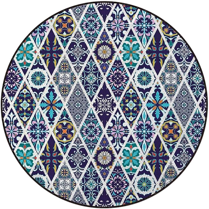 Multi Washable Round Area Rug -Non-Slip Distressed Circle Rug Non-Shedding Entryway Carpet for Bedroom Laundry Kitchen Decor Geometric Diagonal Pieced Mosaic Tile Diameter 59 in