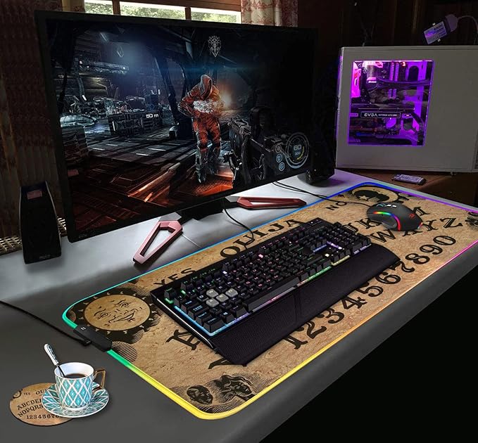 RGB Gaming Mouse Pad with Coffee Coaster XXL Large Glowing LED Mousepad Anti-Slip Rubber Base Computer Keyboard Desk Mouse Mat 31.5 X 11.8 Inch - Retro Ouija Board