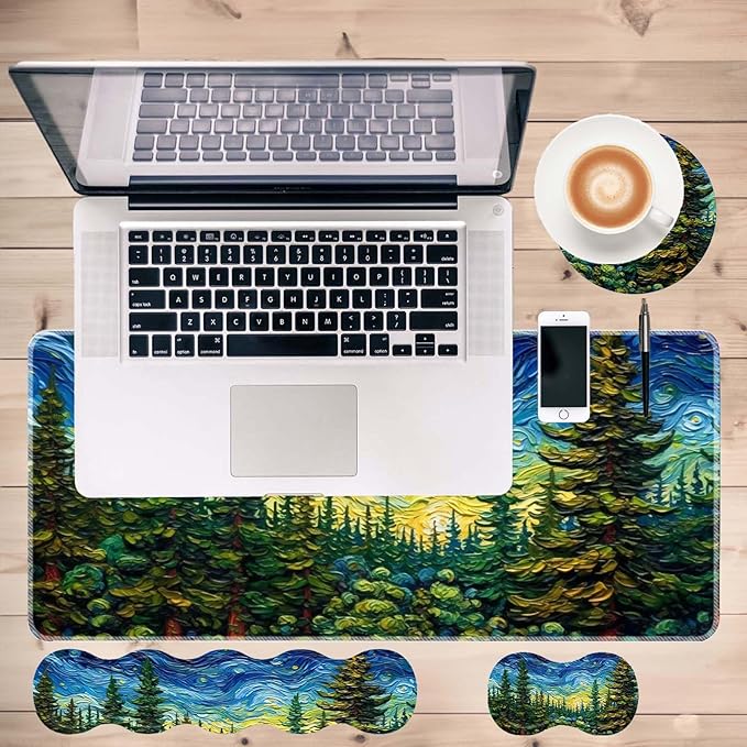 Keyboard Mouse Pad SetLarge Desk Pad+Keyboard Wrist Rest+Mouse Pad Wrist Support+CoasterEasy Typing Pain Relief Non-Slip Mousepad Wrist Support Home OfficeVan Gogh Starry Night Forest
