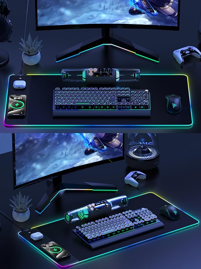 TopMade Wireless Charging RGB Mouse Pad Waterproof Gaming Desk Pad with 4 Light Modes &amp 11 RGB Colors Ultra-Smooth Surface Non-Slip Base 31.5x15.75 XXL Large Desk Mat for MacBook PC Laptop