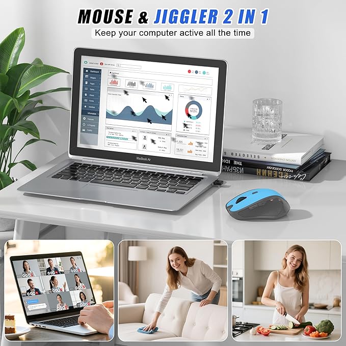 Wireless Bluetooth Mouse for iPad Pro MacBook Ergonomic Rechargeable Mice with Jiggler Mode 2-Mode Bluetooth 5.2/3.0 &amp 2.4G USB-A/USB-C Receiver Silent Optical Mouse for Mac PC Laptop Blue