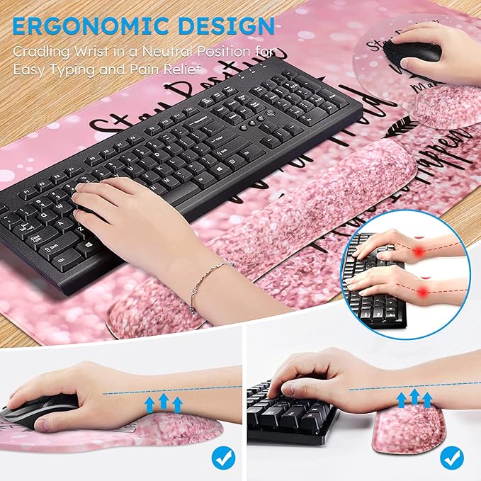 iCasso Mouse PadLarge Pink Desk Mat Set 4in1 XXL Mousepad + Keyboard Wrist Rest+Mouse Wrist Rest+Coaster with Ergonomic Desk Pad for Home Office Table Computer Cover -Pink Stay Positive
