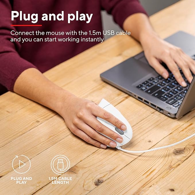 Trust Verto Wired Ergonomic Mouse Vertical Mouse with LED Illumination Reduces Arm Strain 1000-1600 DPI 6 Buttons for Right Hand Users 1.5m USB Cable Computer Mouse for PC Laptop. Mac - White