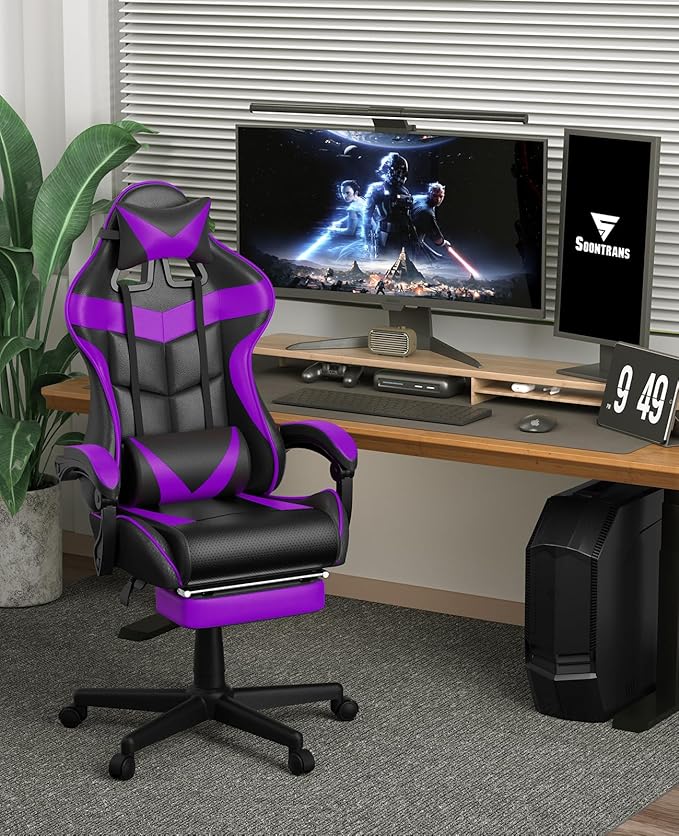 Soontrans Purple Gaming Chair with Footrest Ergonomic Gamer Chair Video Game Chairs with Adjustable Headrest Removable Lumbar Support Office Chair Game Chairs for Adults Teens(Purple)