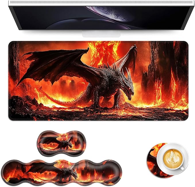 Keyboard Mouse Pad Set Extended Gaming Mouse Pad+Ergonomics Keyboard Wrist Rest Support Memory Foam Easy Typing Pain Relief 4Pcs XL Ultra Thick Desk MatFire Dragon