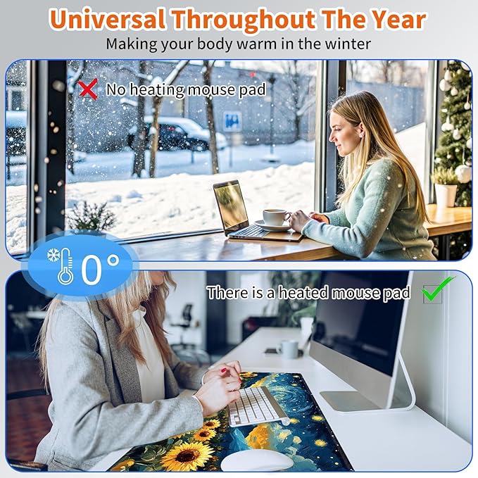 Heated Mouse PadWarm Desk Pad with 3 Levels Heating &amp 3 Hours Auto Shut-Off PU Leather Heated Desk Pad Warmer Pad for Home Office - 31.5 x 13 inchStarry Sky Sunflower