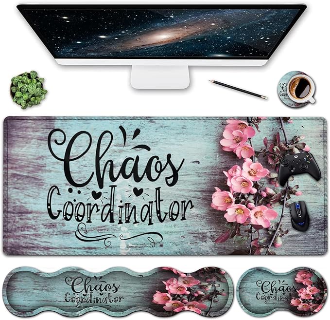 Ergonomics Keyboard Mouse Pad Set Memory Foam Keyboard Wrist Rest SupportXXL Extended Big Wireless Gaming Mouse Mat 31.5x11.8 in Desk Pad Pink Peach Blossom Pattern Large Mouse Pad