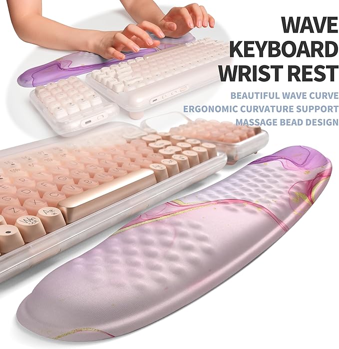 2-in-1 Ergonomic Set Wave Keyboard Wrist Rest and Massage Slope Mouse Pad Wrist Support Rebound Memory Foam for Relieve Carpal Tunnel Syndrome and Wrist Pain (Pink Purple Marble)