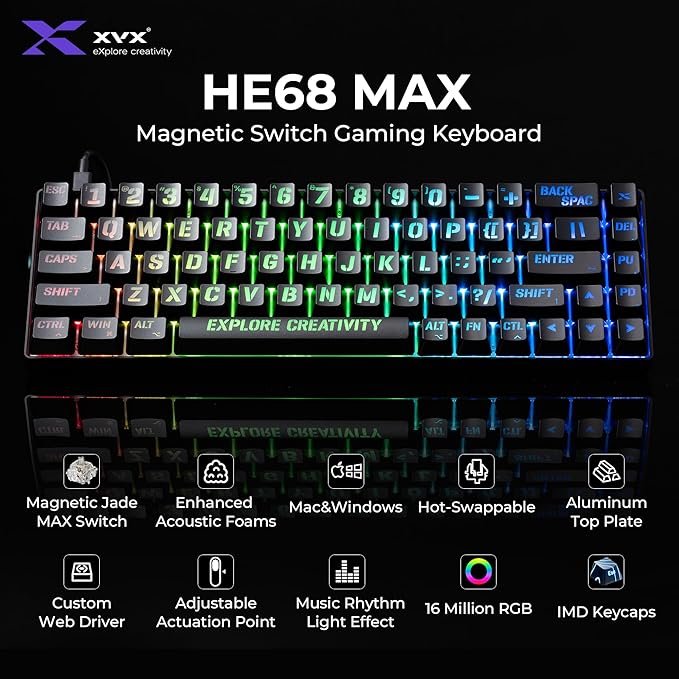 XVX HE68 Max Rapid Trigger Keyboard 60% PercentHall Effect Keyboard with Gateron Magnetic Jade Max SwitchCNC Aluminum Frame Custom Mechanical Key Board for PC/Laptop/Xbox/PS4/PS5Miami Theme Black
