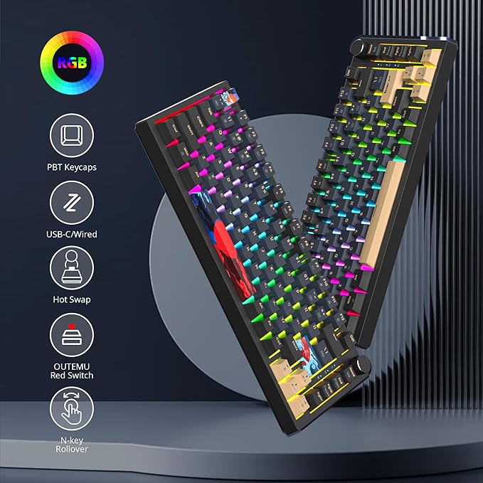 75 Percent Keyboard Gasket-Mounted with Sound Absorbing Pads 82-Key Compact Wired RGB Mechanical Gaming Keyboard Hot-Swap Socket for Win Blue Samurai
