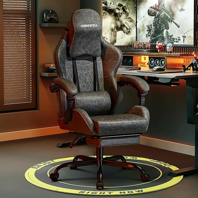 Gaming Chair Video Game Chairs with Large Headrest Linkage Armrests Retro PU Leather Ergonomic Computer Chair for Gaming or Office Grey