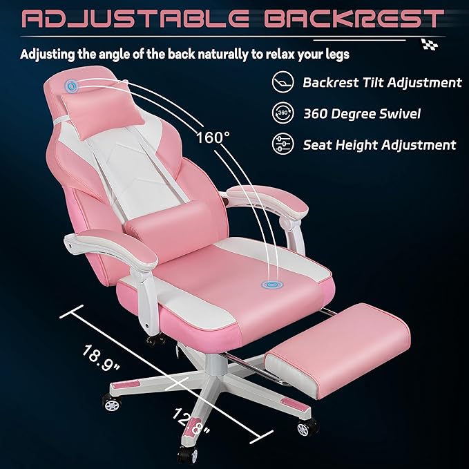 Meilocar Gaming Chair with Footrest Video Game Chair for Adults Ergonomic Big and Tall Computer Chairs with Massage Lumbar Support 330lbs 360° Swivel Seat (Pink)