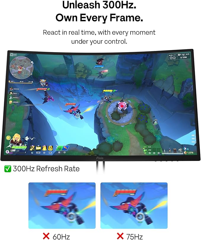 Pixio PXC279WAVE 27 inch 300Hz Refresh Rate FHD 1080p Resolution 1650R Curve Fast VA Panel 1ms GTG Response Time HDR Curved Gaming Monitor and PS1S Wave Black Single Monitor Arm