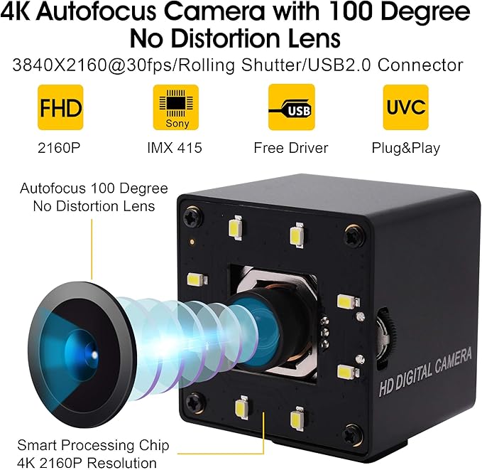 4K USB Camera Autofocus with Microphone Day Night Vision Wide Angle 4K Video Audio Webcam for Computer USB2.0 PC Camera with White LEDs Mini UVC USB with Camera for Raspberry Pi Android Mac Laptop