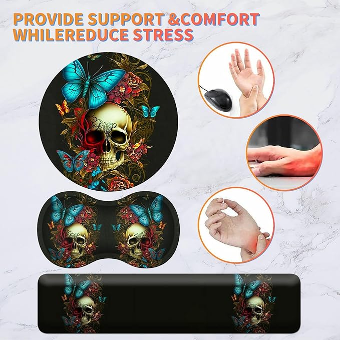 Mouse Pad with Wrist Rest + Keyboard Wrist Rest + Gaming Mouse Pad + Coasters Ergonomic Memory Foam Wrist Pad Set with Easy Typing &amp Pain Relief for Computer Laptop Office &amp HomeBlue Butterfl