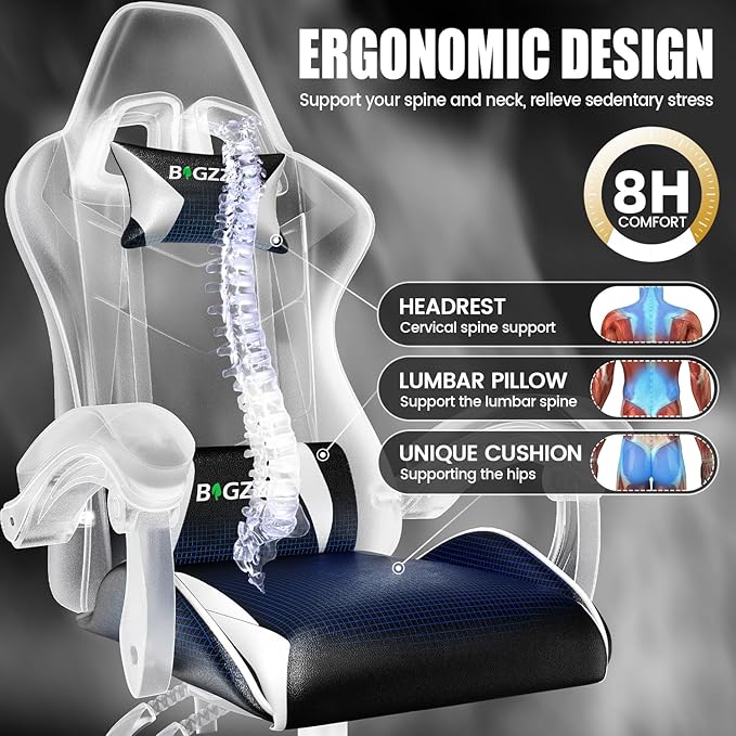 Bigzzia Gaming Chair Ergonomic Video Game Chairs with Pillow and Lumbar Support Racing Style Height Adjustable Computer Chair with 360°-Swivel Seat for Adults（White）