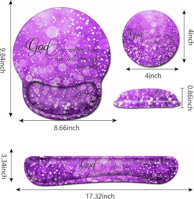 Mouse Pad with Wrist Support Ergonomic Gel Mouse Pad Memory Foam Keyboard Wrist Rest Suitable forfor Women Office Typing Games Desktop Decoration Beautiful Purple Glitter and Psalm 46:5 Bible