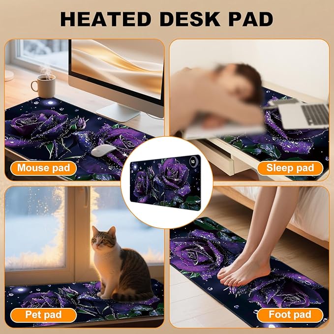Heated Desk Pad 31.5 x 13 3 Large Heated Mouse Pad with Heat Levels (40°C/45°C/50°C) &amp 3H Auto Shut-Off Desk Mat Fast Heating PU Leather Warmer Mousepad for Home Office - Purple Rose Flowers