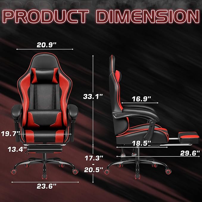 Homall Gaming Chair Video Game Chair with Footrest and Massage Lumbar Support Ergonomic Computer Chair Height Adjustable with Swivel Seat and Headrest (Red)