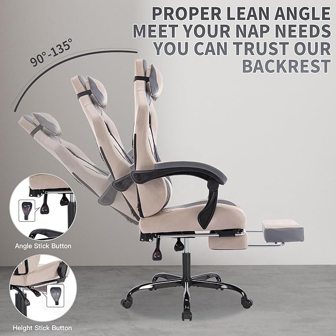 Grey Gaming Chairs with Footrest PVC Leather Video Game Chair for Adults Ergonomic Gaming Chair with Headrest &amp Lumbar Support Reclining Gamer Chairs with Adjustable Backrest (Grey)