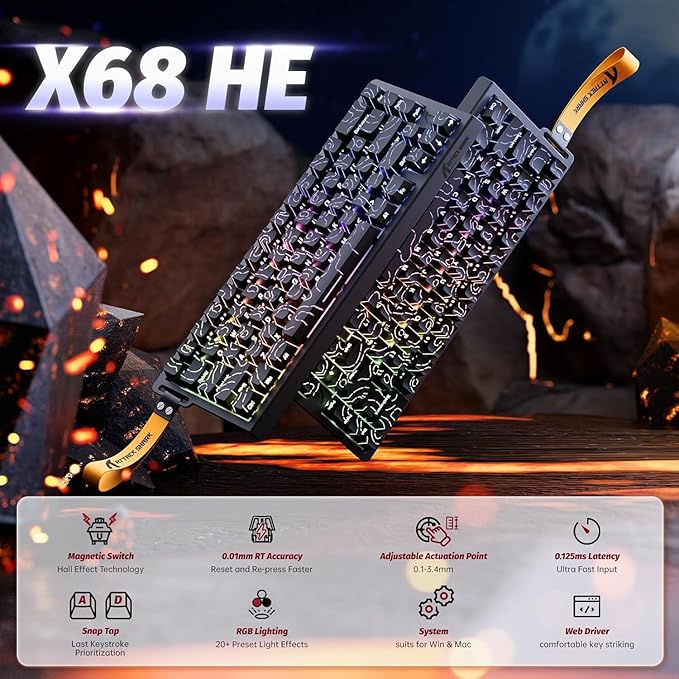 ATTACK SHARK X68 HE Wired Rapid Trigger Mechanical Gaming Keyboard and R1 Mouse with Adjustable ActuationCoiled CableUSB C/2.4Ghz Wireless/BT Ultralight 18K DPI Mice for Esport Gamer(Black Contour)