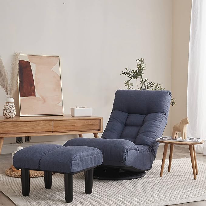 Henf Floor Gaming Chair with footrest 360 Degree Swivel Sofa Reclining Chair Lazy Sofa Tatami Leisure Sofa Adjustable 3-Position Floor Chair Folding Sofa Lounger Navy Blue